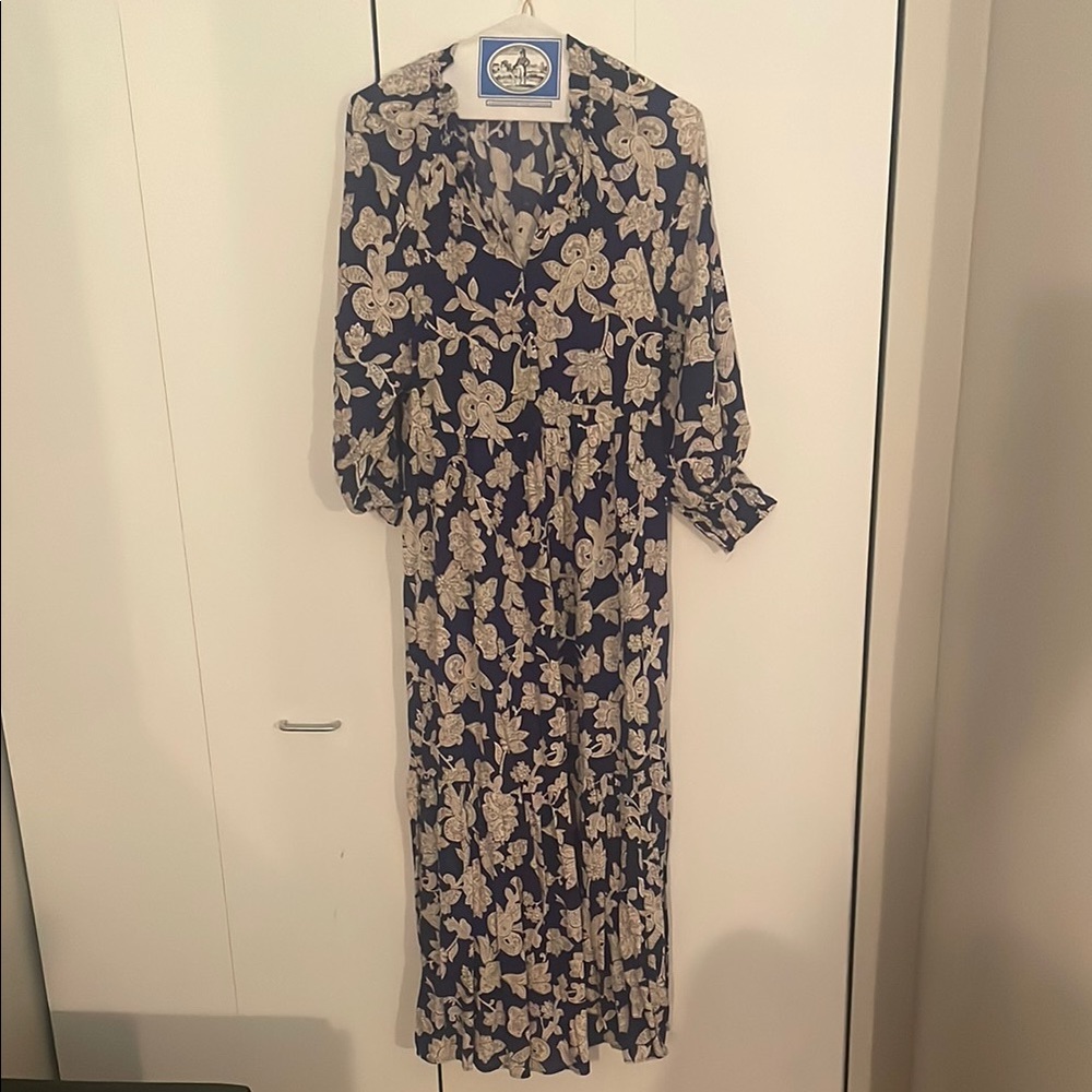 Zara Blue and White Bishop Sleeve Maxi Dress